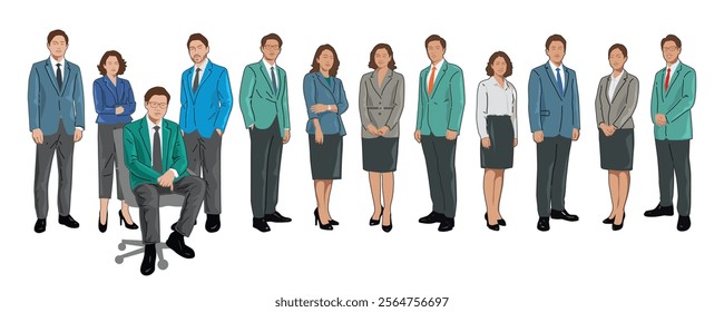 Young executives in a row, vector illustration. Suitable for background design.