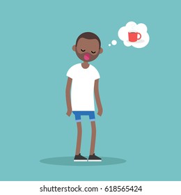 Young exhausted black character yawning and thinking about a cup of coffee / flat editable vector illustration, clip art