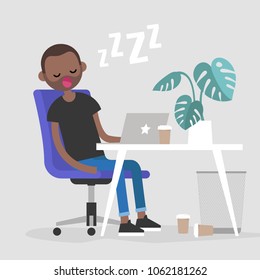 Young exhausted black employee sleeping on a workplace. Nap. Office. Flat editable vector illustration, clip art