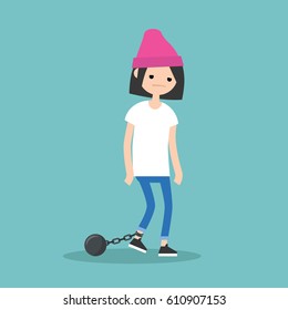 Young exhausted brunette girl wearing shackles. Sad tired character/ flat editable vector illustration