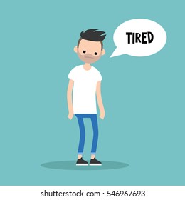Young exhausted brunette man. Sad tired character/ flat editable vector illustration
