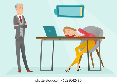 Young exhausted caucasian white employee sleeping at the workplace while employer looks at her. Overworked office worker sleeping after hard working day. Vector cartoon illustration. Horizontal layout