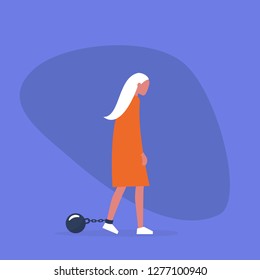 Young exhausted character wearing the shackles. Domestic violence. Obligation. Debt. Concept/ flat editable vector illustration, clip art