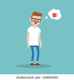 Young exhausted character yawning and thinking about a cup of coffee / flat editable vector illustration, clip art