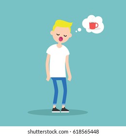 Young exhausted character yawning and thinking about a cup of coffee / flat editable vector illustration, clip art