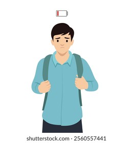 Young exhausted College Student thinking about charging. Flat vector illustration isolated on white background