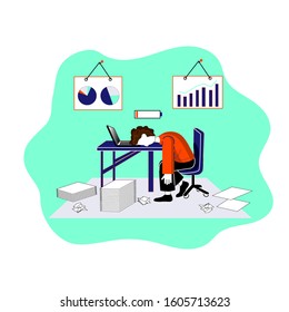 Young exhausted employee sitting in front of laptop in stress and emotional burnout because of deadline. Man tired of his work. Busy office atmosphere. Flat vector illustration