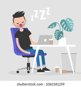 Young exhausted employee sleeping on a workplace. Nap. Office. Flat editable vector illustration, clip art