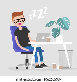 Young exhausted employee sleeping on a workplace. Nap. Office. Flat editable vector illustration, clip art