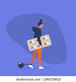 Young exhausted female character wearing shackles and holding a blister of pills. Depression. Antidepressant. Addiction. Modern problems. Mental health / flat editable vector illustration, clip art