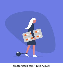 Young exhausted female character wearing shackles and holding a blister of pills. Depression. Antidepressant. Addiction. Modern problems. Mental health / flat editable vector illustration, clip art