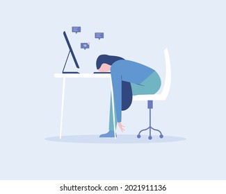 Young exhausted female employee sitting at the office. Professional burnout. Vector illustration flat style