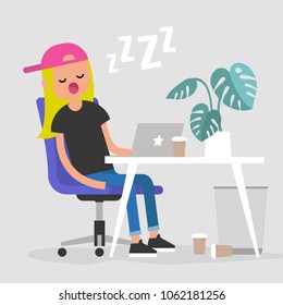 Young exhausted female employee sleeping on a workplace. Nap. Office. Flat editable vector illustration, clip art