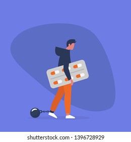 Young exhausted male character wearing shackles and holding a blister of pills. Depression. Antidepressant. Addiction. Modern problems. Mental health / flat editable vector illustration, clip art