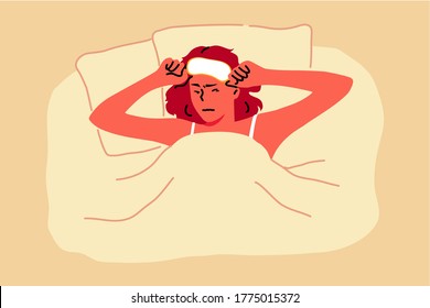 Young exhausted woman raises slightly face mask and trying to open sleepy eyes needing more rest and out of energy. Time wake up illustration