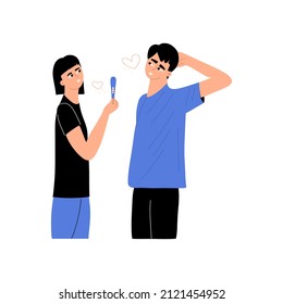 Young expectant mother shows future happy father a positive pregnancy test. A man and a woman are expecting a baby. Hand drawn vector illustration.