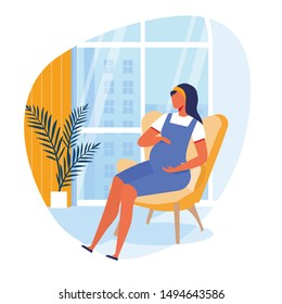 Young Expectant Woman Flat Vector Illustration. Happy Pregnant Lady Sitting in Armchair Cartoon Characters. Future Mother Holding Belly, Resting at Home. Pregnancy, Feminine Happiness, Awaiting Baby