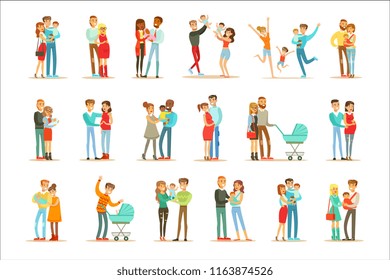 Young And Expecting Parents With Small Babies And Toddlers Set Of Happy Full Family Portraits.