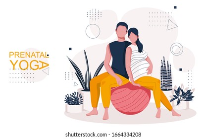 Young expecting parents in a yoga class for pregnant women. A man and a pregnant woman sitting in a gymnasium ball. Paired yoga for pregnant women. Stylish vector illustration of family life. 
