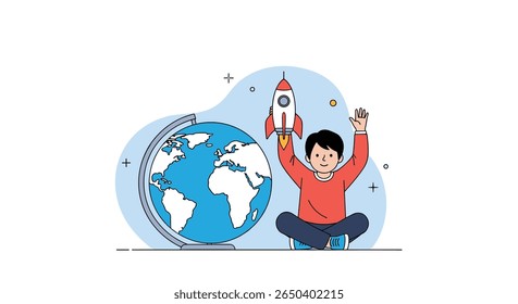 Young explorer celebrates launching rocket into outer space near globe