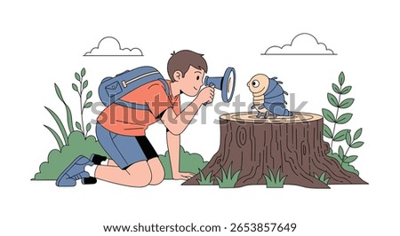 Young explorer communicating with a small friendly creature in a lush forest setting discovering nature together