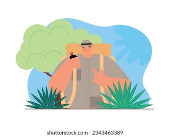 Young explorer determines the direction using the compass he carried, through the forest, jungle vector illustration.