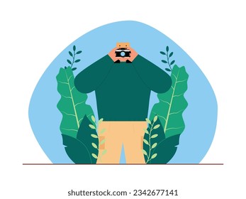 Young explorer taking picture and observing around, jungle vector illustration.