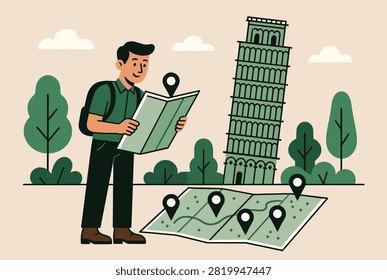 Young explorer visiting historic pisa tower in italy holding city map to navigate popular travel destinations.