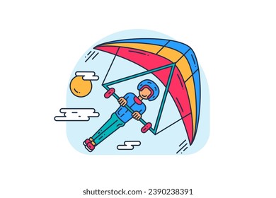 Young extreme athlete in protective equipment flies in sky paragliding. Extreme sports and active lifestyle. Simple colored stroked vector icon isolated on white background