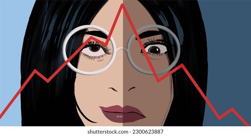 A young woman’s eyes struggle to keep an eye on the ever changing success of the financial markets in this 3-d vector illustration.