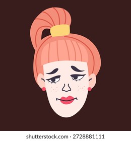 Young woman’s face in flat design style. The character features bright coral hair tied in a high ponytail with a yellow scrunchie. Minimalist female portrait with cute freckles. Ideal for social media avatars, stickers, beauty blogs, and creative lifestyle graphics