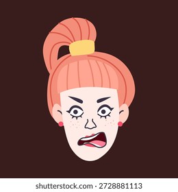 Young woman’s face in flat design style. The character features bright coral hair tied in a high ponytail with a yellow scrunchie. Minimalist female portrait with cute freckles. Ideal for social media avatars, stickers, beauty blogs, and creative lifestyle graphics