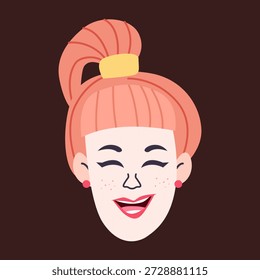 Young woman’s face in flat design style. The character features bright coral hair tied in a high ponytail with a yellow scrunchie. Minimalist female portrait with cute freckles. Ideal for social media avatars, stickers, beauty blogs, and creative lifestyle graphics