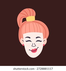Young woman’s face in flat design style. The character features bright coral hair tied in a high ponytail with a yellow scrunchie. Minimalist female portrait with cute freckles. Ideal for social media avatars, stickers, beauty blogs, and creative lifestyle graphics