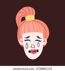 Young woman’s face in flat design style. The character features bright coral hair tied in a high ponytail with a yellow scrunchie. Minimalist female portrait with cute freckles. Ideal for social media avatars, stickers, beauty blogs, and creative lifestyle graphics