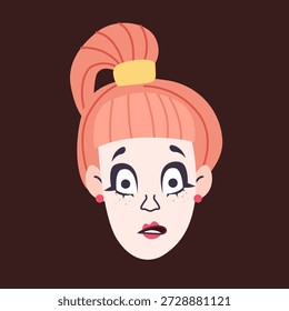 Young woman’s face in flat design style. The character features bright coral hair tied in a high ponytail with a yellow scrunchie. Minimalist female portrait with cute freckles. Ideal for social media avatars, stickers, beauty blogs, and creative lifestyle graphics