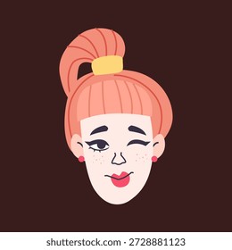 Young woman’s face in flat design style. The character features bright coral hair tied in a high ponytail with a yellow scrunchie. Minimalist female portrait with cute freckles. Ideal for social media avatars, stickers, beauty blogs, and creative lifestyle graphics