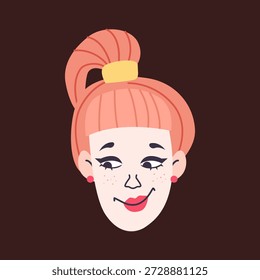 Young woman’s face in flat design style. The character features bright coral hair tied in a high ponytail with a yellow scrunchie. Minimalist female portrait with cute freckles. Ideal for social media avatars, stickers, beauty blogs, and creative lifestyle graphics