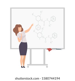 Young Faceless Chemistry Woman Teacher Standing At the Blackboard and Explaining Formula Vector Illustration