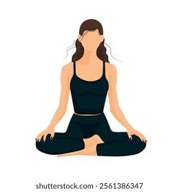 Young faceless girl with fair skin and dark hair in dark gray sportswear in lotus pose 