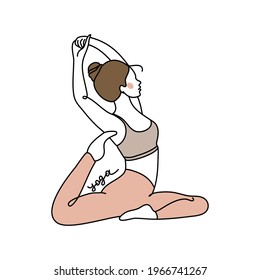 A young faceless girl  performs stretching yoga exercises. Pilates, healthy lifestyle. Linear style. Vector illustration isolated on white background. For business cards, posters, web