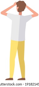 Young faceless man holds hands in front of face and touches forehead. Male character raises his arms up. Guy is looking at object behind him vector illustration. Person stands with his back to viewer