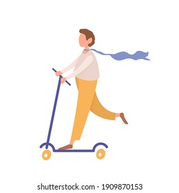 Young faceless man riding kick scooter, cartoon style teenager character pushes off scooter, flat vector illustration isolated on white background