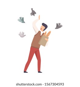 Young Faceless Man Shrinking From Pigeons Vector Illustration