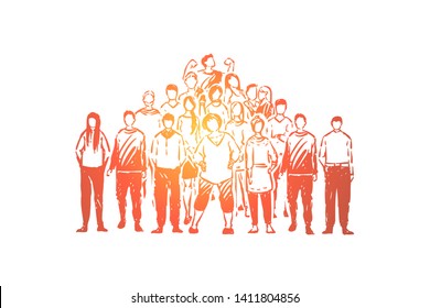 Young faceless people, friendly relationship, friends togetherness, student team, demonstration, sociology. Happy colleagues posing for group photo concept sketch. Hand drawn vector illustration