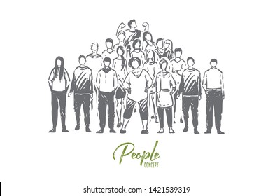 Young faceless people, friendly relationship, friends togetherness, student team, demonstration, sociology. Happy colleagues posing for group photo concept sketch. Hand drawn vector illustration