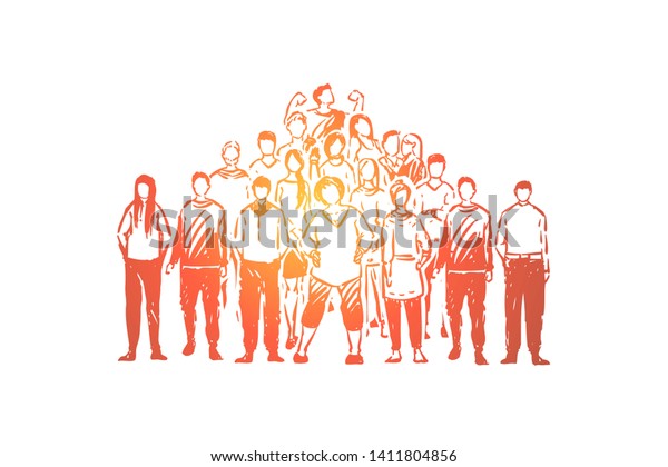 Young faceless people, friendly relationship, friends togetherness, student team, demonstration, sociology. Happy colleagues posing for group photo concept sketch. Hand drawn vector illustration