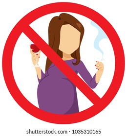 Young faceless pregnant woman with red prohibitory sign drinking and smoking bad habit concept