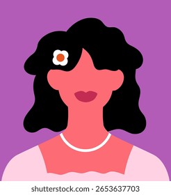 Young faceless woman, abstract portrait. Beautiful female character with flower accessory. Feminine character with wavy hair, gentle smile, poster in modern romantic style. Flat vector illustration