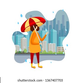 Young Faceless Woman Character Wearing Cloak and Rubber Boots Holding Colorful Umbrella Standing at Rain on Urban View Landscape. Rainy Weather, Autumn Season. Cartoon Flat Vector Illustration, Icon.